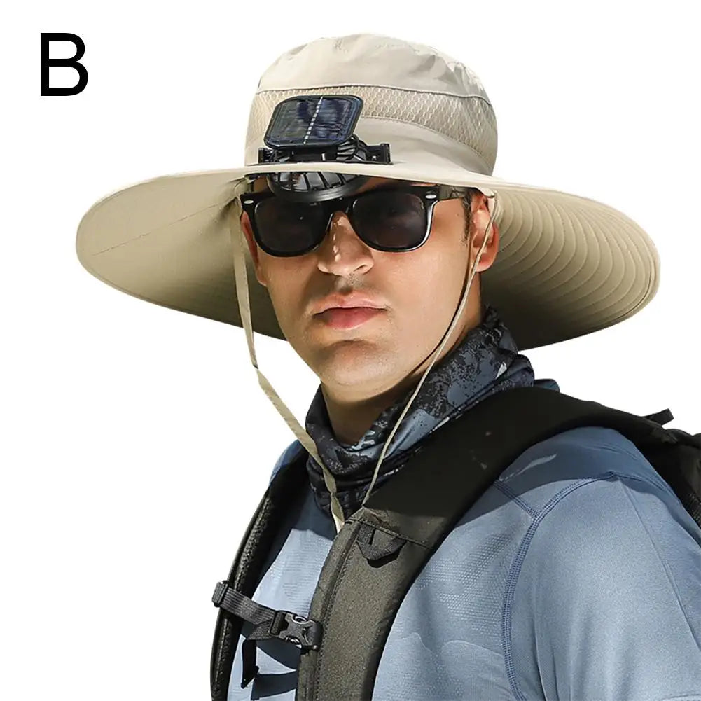 Cooling Breathable Waterproof Big Hat Wide Brim Sunshade Hat Block Ultraviolet Rays Fan Outdoor Fishing Solar Charging Fan Hat Vue khaki