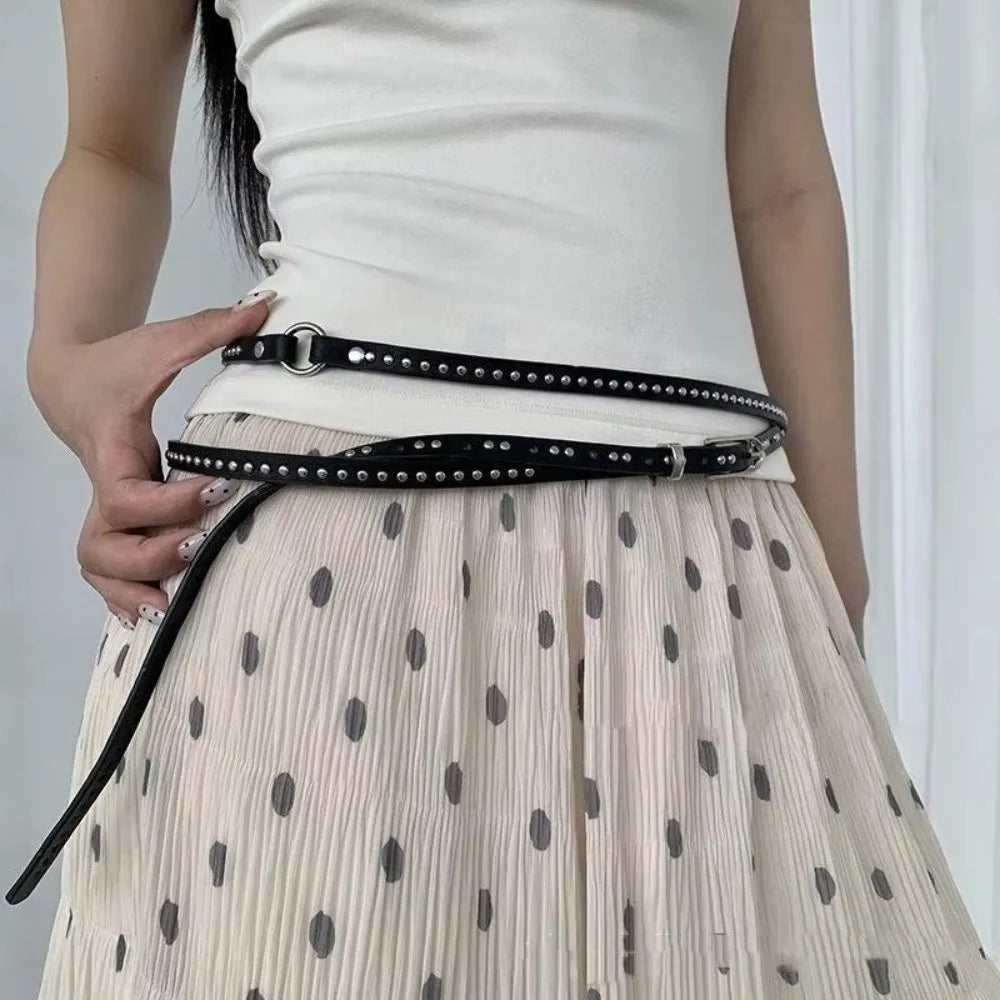 Fashion Y2k Thin Belt Punk Rivet Gothic Waistband Waist Strap PU