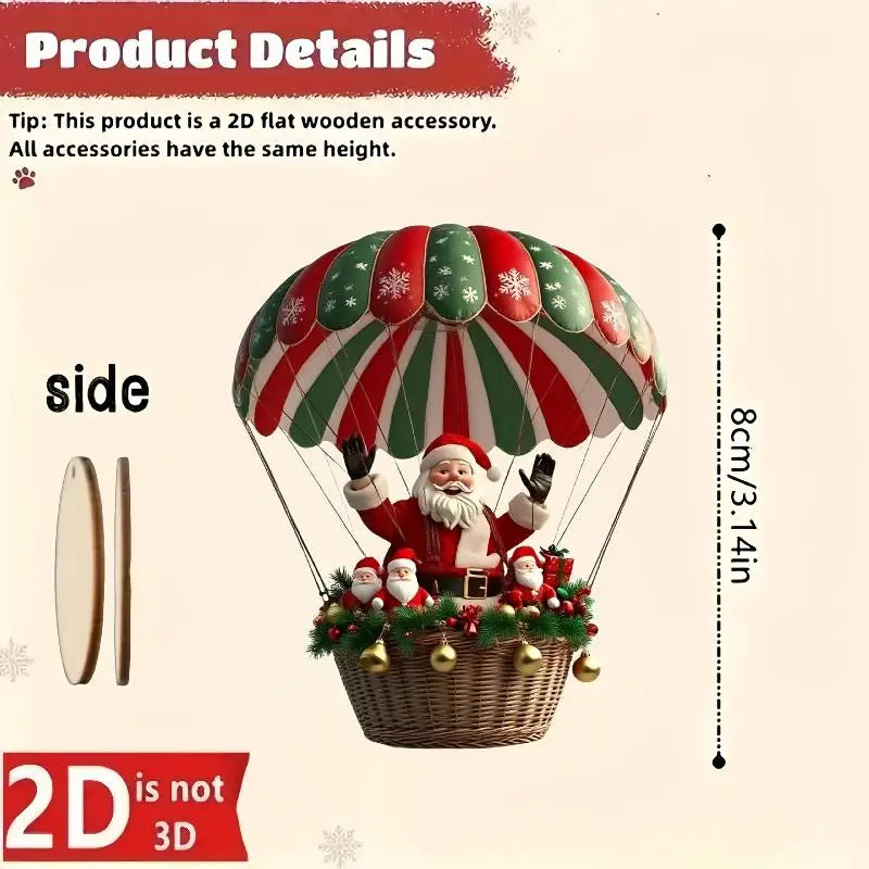 Christmas Wooden Air Balloon Santa Claus 2D Flat Pendant Tree Vue Multicolor 8cm