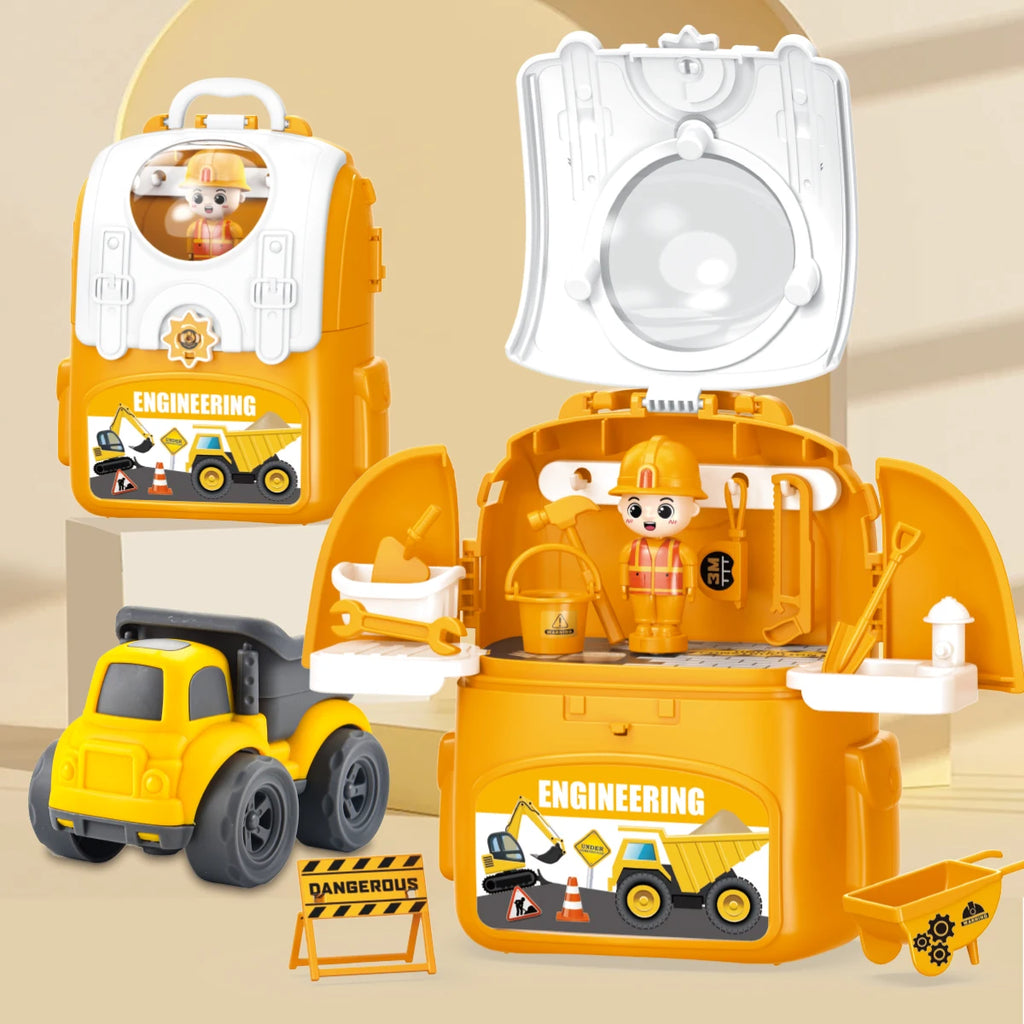 DIY Package Car Engineering Backpack, Mini Storage Play House Toy Car Bag Engineering Fire Fighting Police Style Model Toys Gift Vue