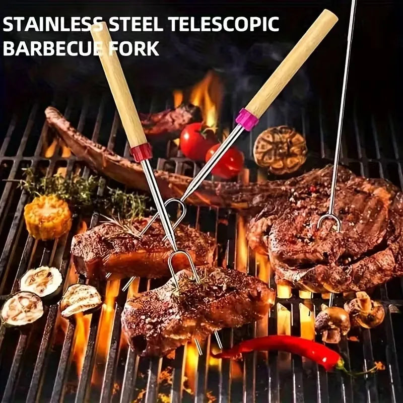 Outdoor Telescoping BBQ Fork Stainless Steel with Wooden Handle U-Shaped Hot Dog Skewer for Grilling Bonfire BBQ Use Vue
