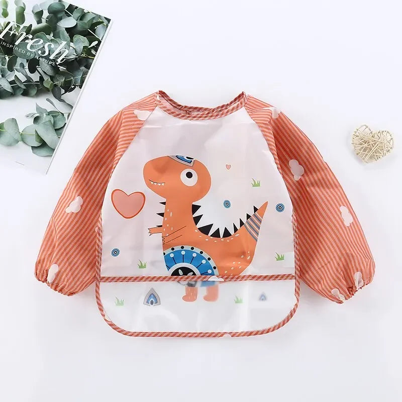 Baby Bib Burp Clothes Eating Smock Infant Toddler 1Pcs Baby Cartoon Long Sleeve Waterproof Art Apron Animal Smock Soft Vue B31 Red Dinosaur 0-3Years old