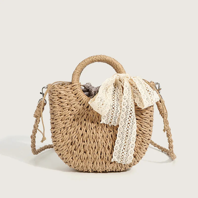 Summer Straw Beach Bag Hand-woven Women Handbag Fashion Basket Vue khaki 19x8.5x23cm