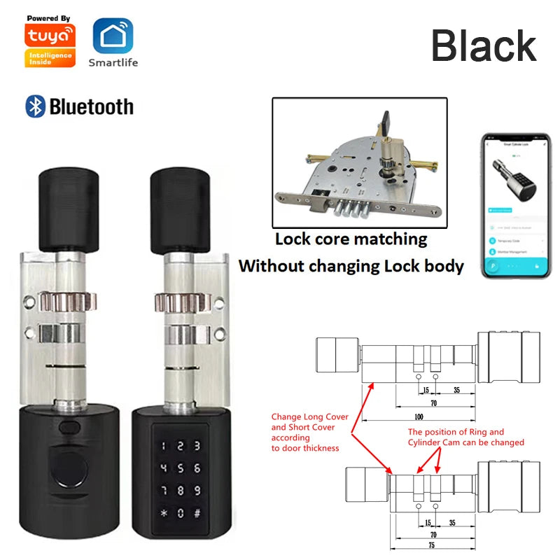 Israel-only Tuya APP Fingerprint Cylinder Electronic Smart Door Lock Digital Keypad Code Key Card Remote Control Home Apartment Vue Black Suitable 35-100mm