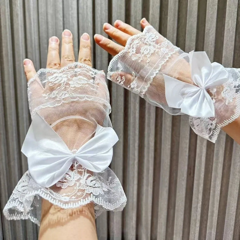 Lace Fake Sleeves Mesh Detachable Wrist Cuffs Bowknot Flower Short