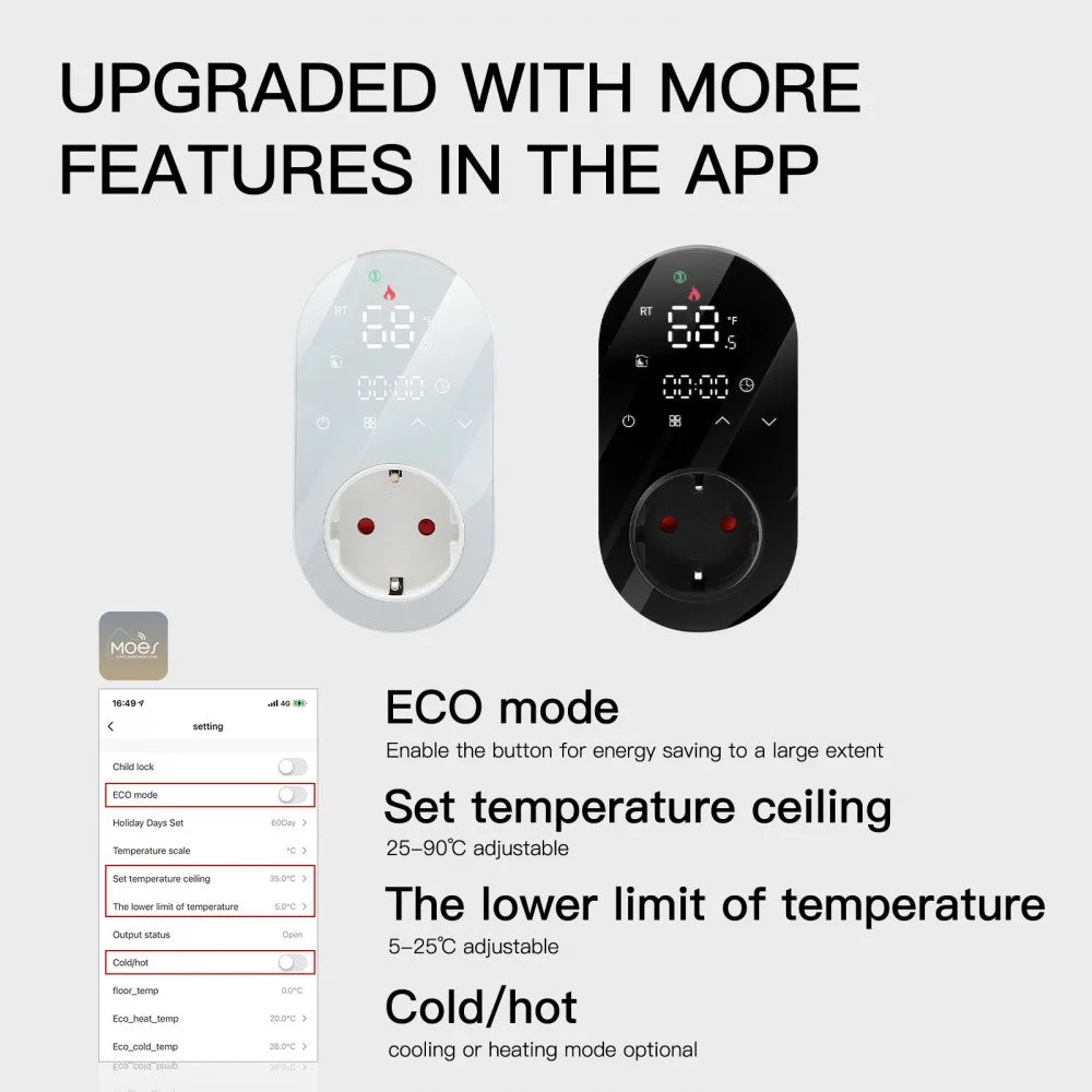 Tuya Smart WiFi LED Thermostat EU Plug Timer Outlet Heating and Cooling Mode 16A APP Remote Control Work with Alexa Google Home Vue