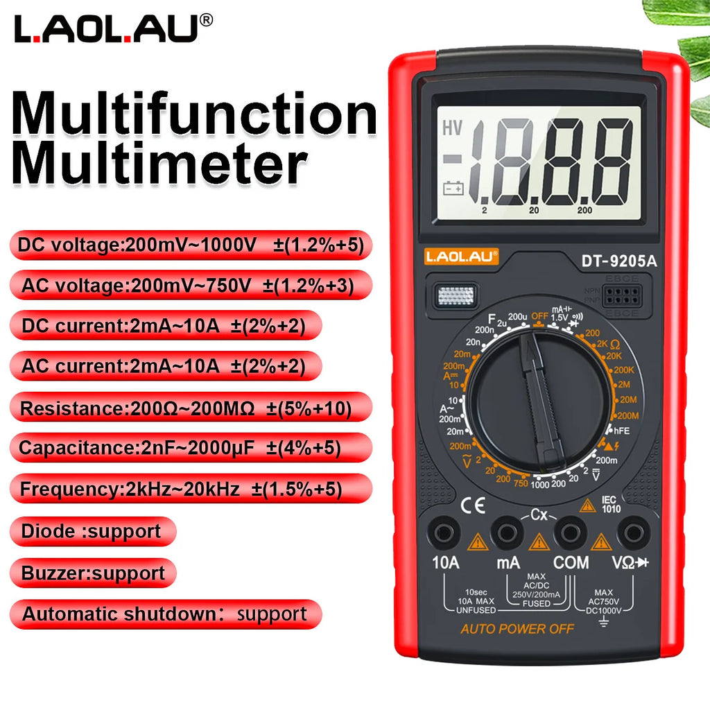 DT-9205A Digital Multimeter Manual Range AC/DC Current Voltage Resistance Capacitance Meter LCD Backlit Ohm Electrician Tester Vue