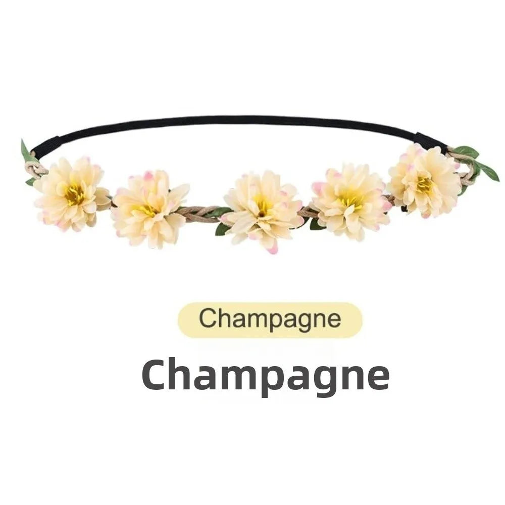 Pink Rose Floral Wreath Crown Hand Woven Vintage Elegant Flower Crown Adjustable Ribbon Silk Flower Hair Loop for Bridal Wedding Vue Champagne