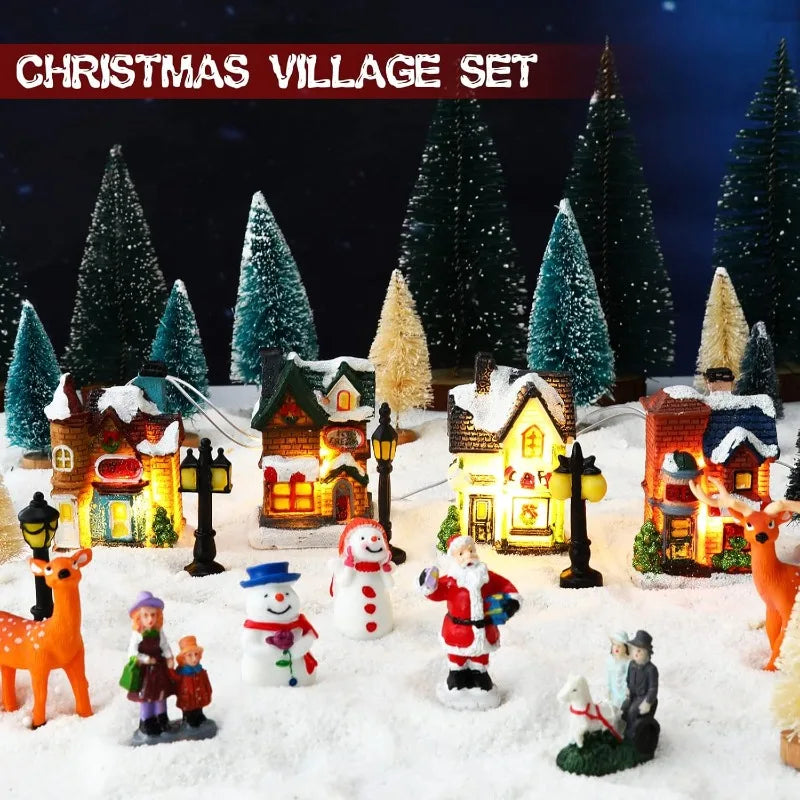 Mini Resin Christmas House Light Up Decorative Village Set for Holiday Home Decoration Tabletop Display Festive Ornament Vue