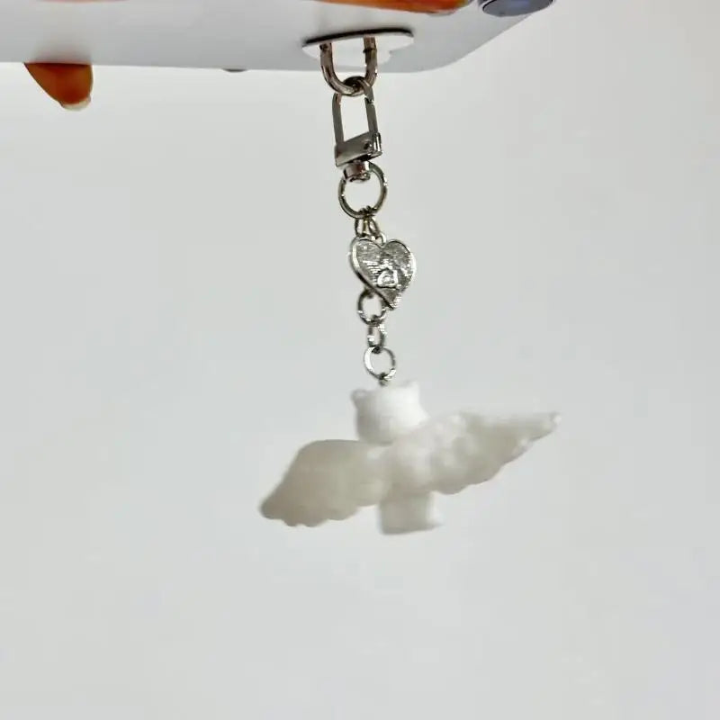 Cute Flocked Angel Wings Cat Keychain Kawaii Heart Phone Chain Anti-Lost Lanyard Bag Decor Gift Vue