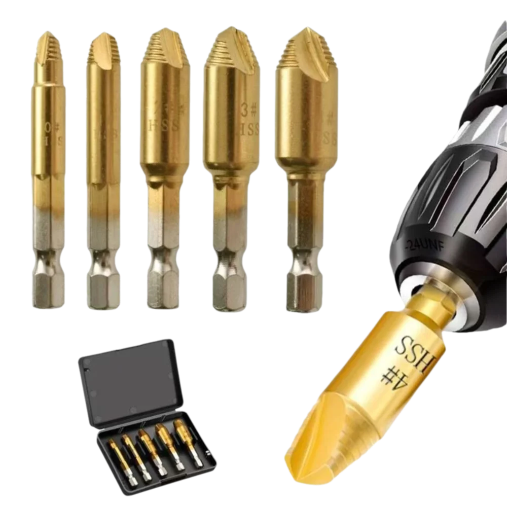 Titanium Coated Screw Extractor Set Hex Shank Hardened Steel Easy Out Drill Tool Universal Tool 5 Pieces Set Vue style2