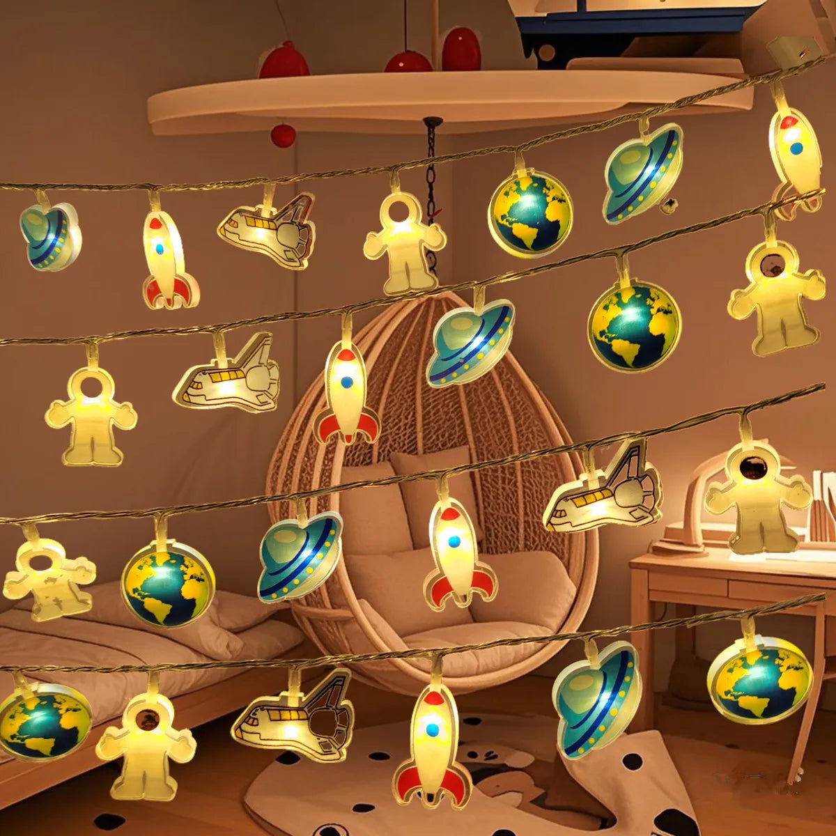 Space Astronaut Rocket Planet UFO LED String Lights Kids Bedroom Warm Fairy Decorative Lamp Gift Vue