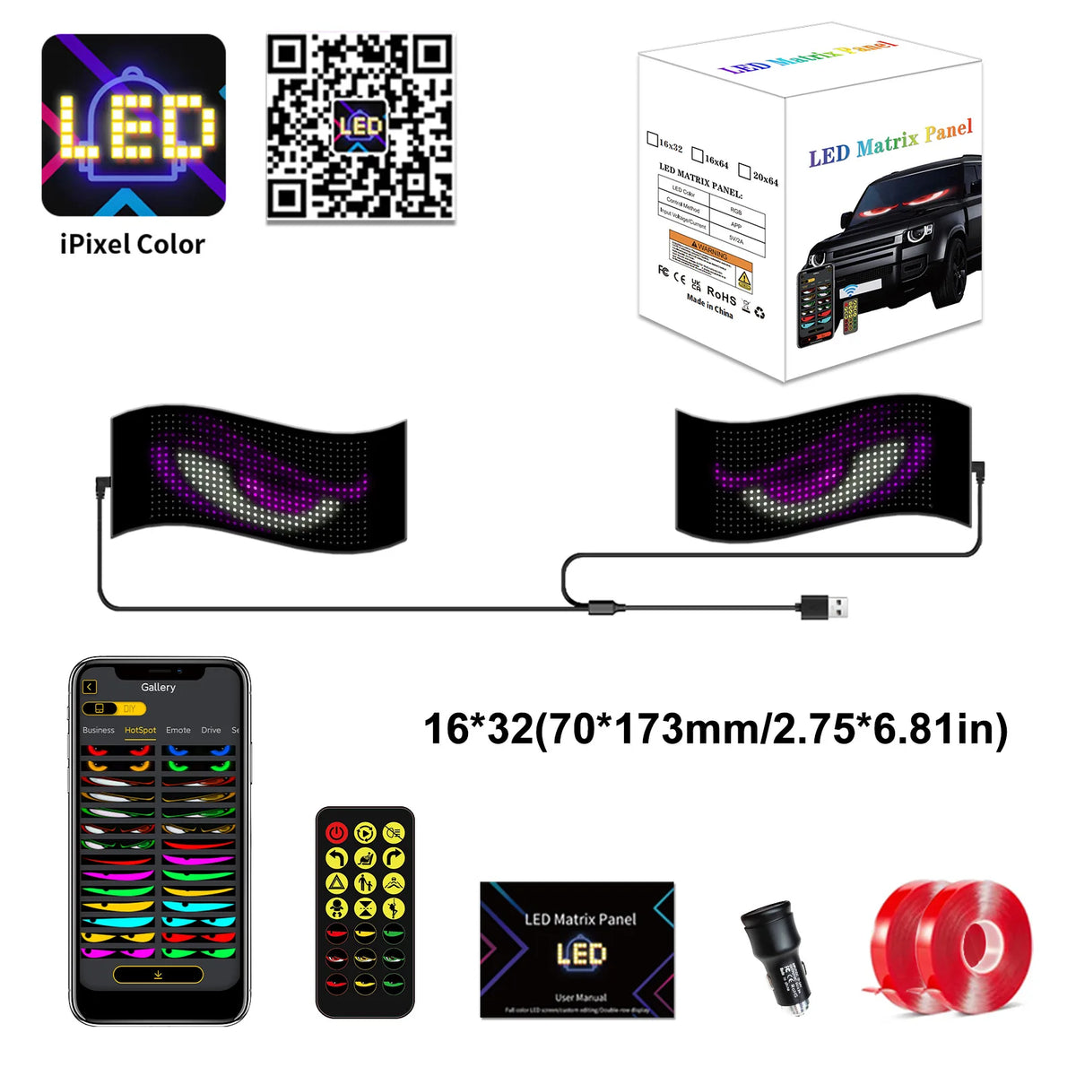 Dynamic Devil Eyes Light for Cars Truck Windshield Programmable LED Display Flexible Soft Screen Bluetooth APP Remote Control Vue 2 in 1 16x32 Pixels