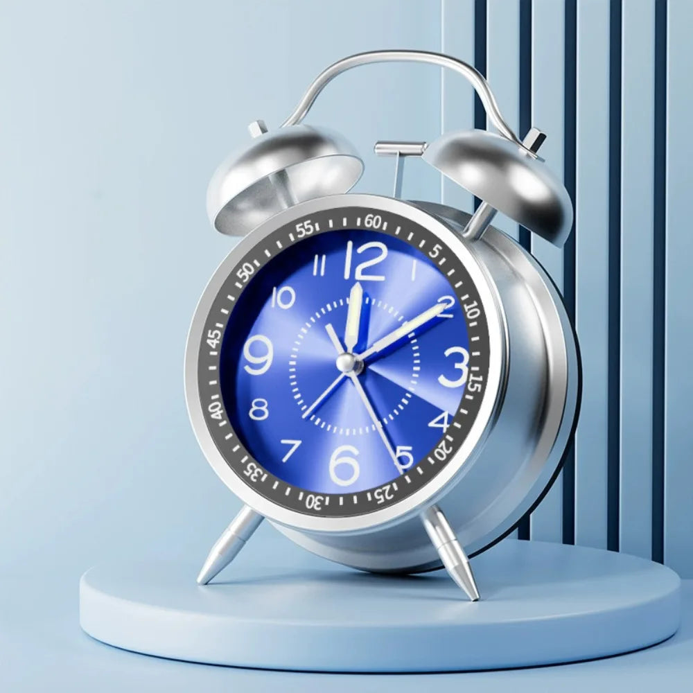 Silent Twin Bell Alarm Clock with Night Light Metal Frame Bedroom Alarm Clock Retro Fall-resistant Loud Alarm Clock Living Room Vue Blue
