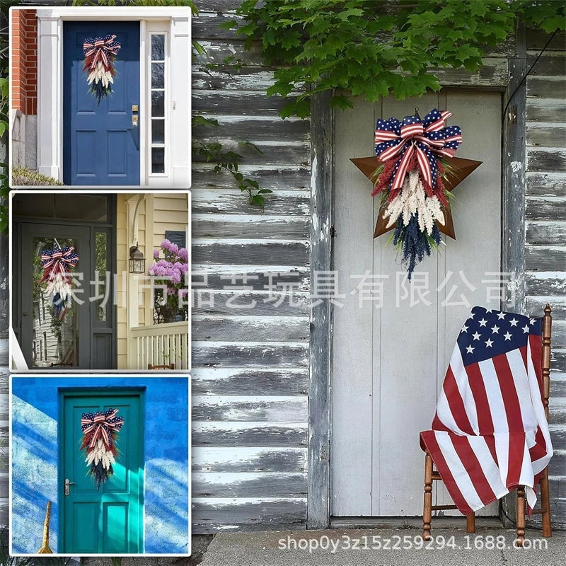 Independence Day Patriotic Wreath Red White Blue Wheat Hanging Upside Down Door Hanger Rustic Home Porch Wall Decor For Holiday Vue