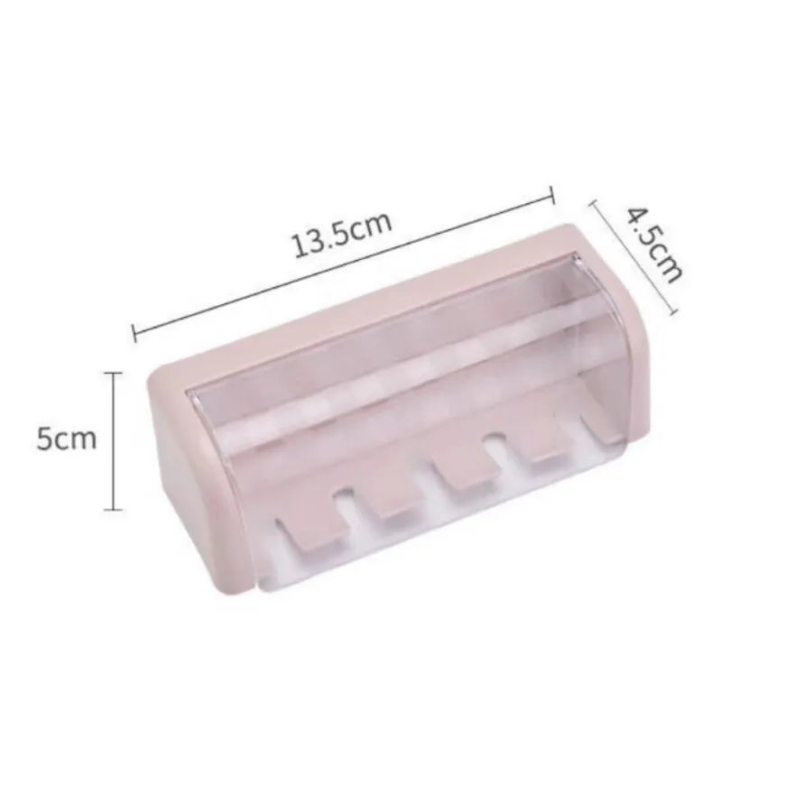 A Covered 5-Slot Toothbrush Holder Self-Adhesive Wall Toothbrush Storage Rack Plastic Bathroom Supplies Vue KJ-01 Pink