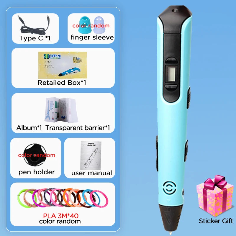 New 3D Printing Pen LCD Display Screen 1.75mm ABS / PLA Filament Kids DIY Drawing Pen Boy and Girls Christmas Birthday Gifts Vue Blue-120M PLA
