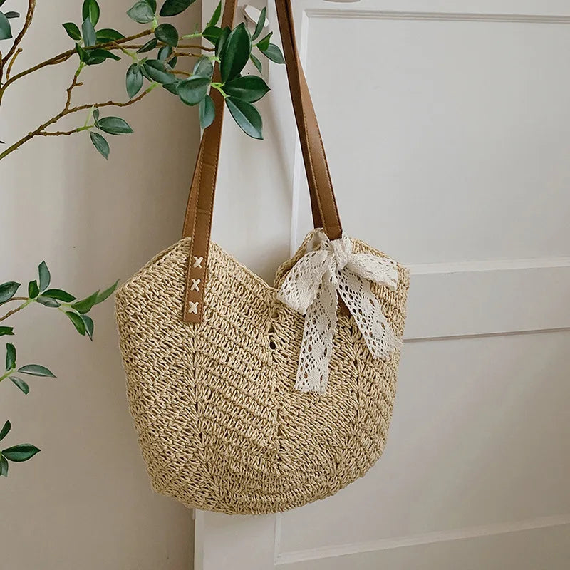 Summer Bucket Straw Bags Women Rattan Shoulder Bag Handmade Woven Vue beigeAddRibbon 26x1x35cm