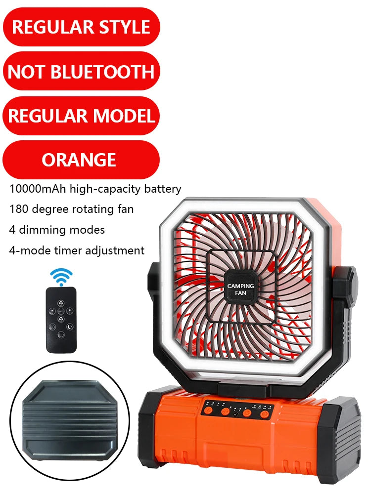 4-in-1 Multifunctional Fan with LED Light USB Outdoor Power Bank And Bluetooth Speaker—Ideal For Outdoor Camping And A Desk Fan Vue orange