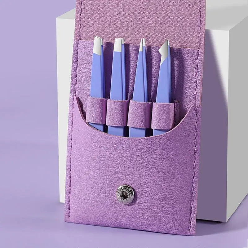4pcs Professional Tweezers Set - Perfect For Eyebrow Hair Removal, Splinter & Ingrown Hair Removal & For Men & Women Vue Purple bag