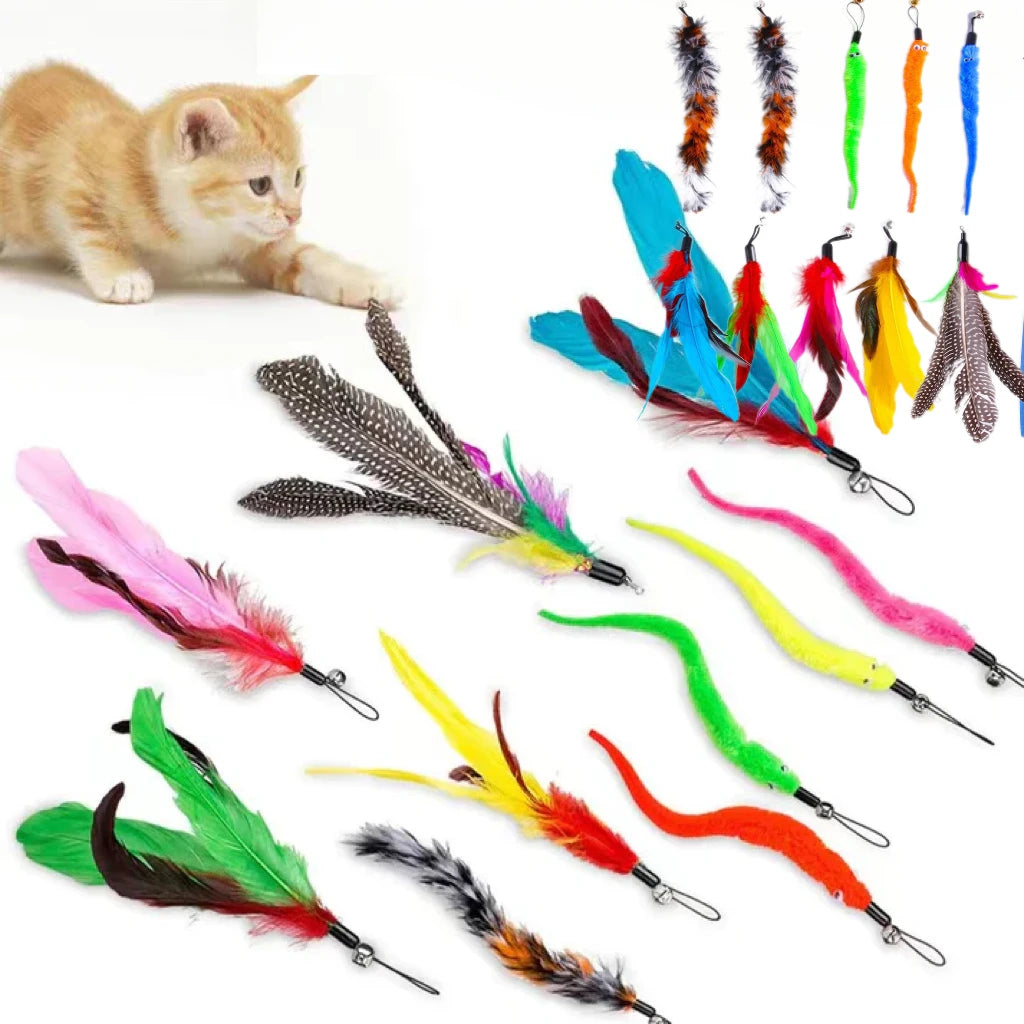11pcs Funny Cat Stick Set Various Feathers Plush Toy Feather Replacement Head Retractable Rod Cat Self-entertainment Biting Toys Vue