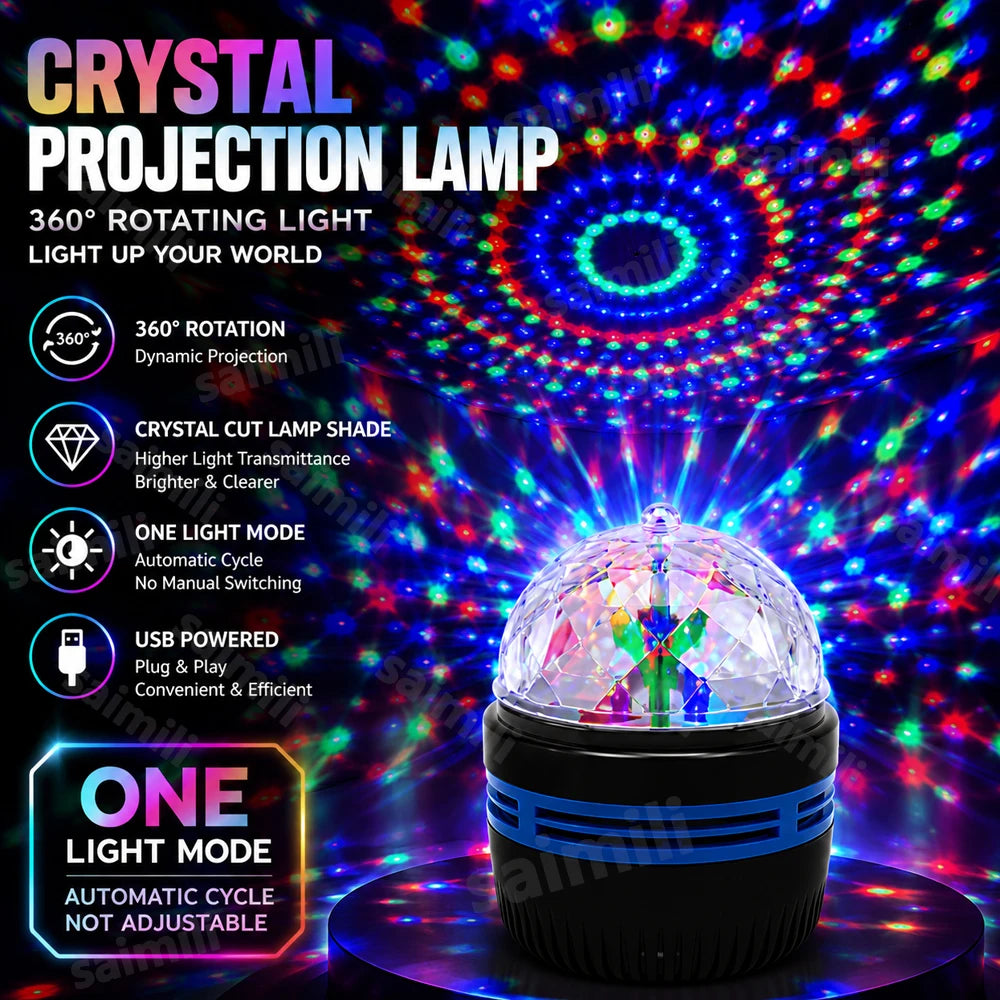Mini USB Crystal Disco Ball Projector Light, Auto Rotating RGB Party Stage Lamp for Indoor Atmosphere Decor & Holiday Gift Vue