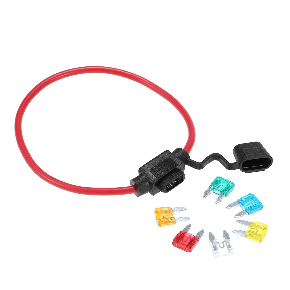 12V Car Automotive In-Line Mini Blade Fuse Holder Fuses with Splashproof Casing with 6 Fuses 5A 10A 15A 20A 25A 30A Vue