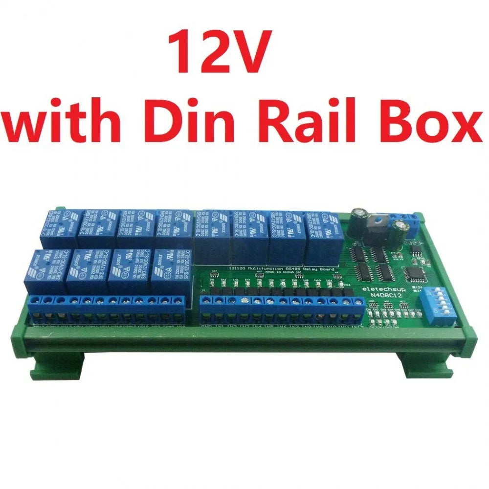 12 Channel DC12/24V NPN Digital Input Output UART RS485 Relay Module Modbus RTU DIN35 Rail Box Board for Machine Control PLC PTZ Vue