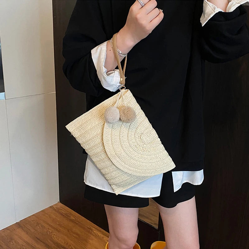 Handmade Straw Woven Beach Shoulder Crossbody Bag Women Envelope