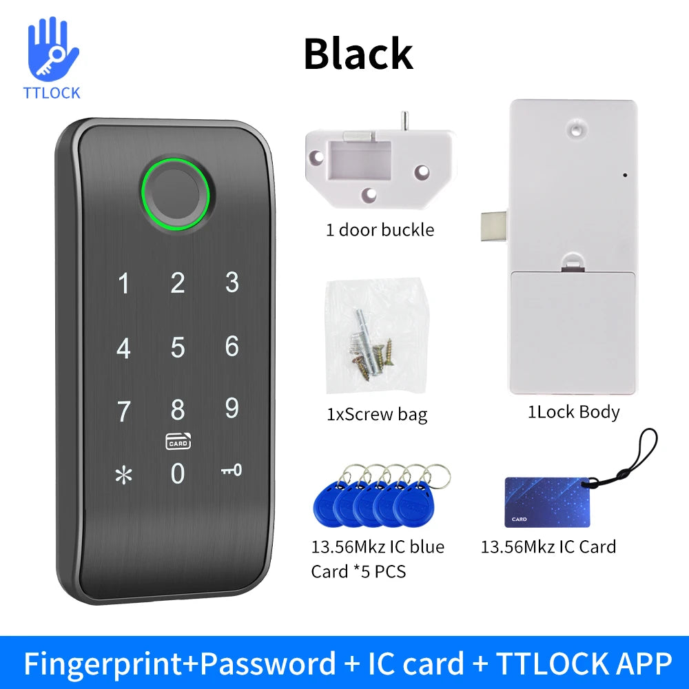 Fingerprint Smart Drawer Lock Electronic RFID 13.56MHz IC Cabinet Lock TTLock App Unlock Intelligent Keyless Sensor Install Easy Vue EM167-F-TT black