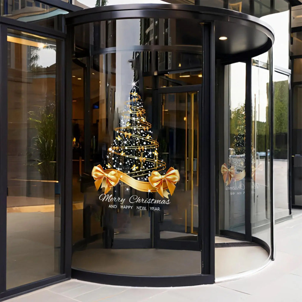 65x45cm Gold Christmas Tree Window Decals - Double-Sided Self-Adhesive Wall Mural Stickers for Holiday Home Office Decor Vue