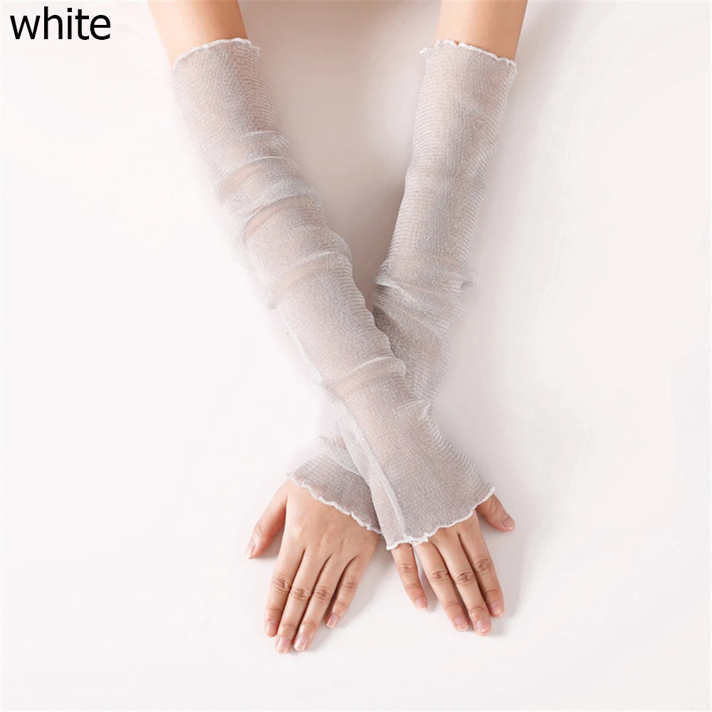 Women's Summer Sun Protection Sleeves Mesh Lace UV Thin Long-sleeved Vue white