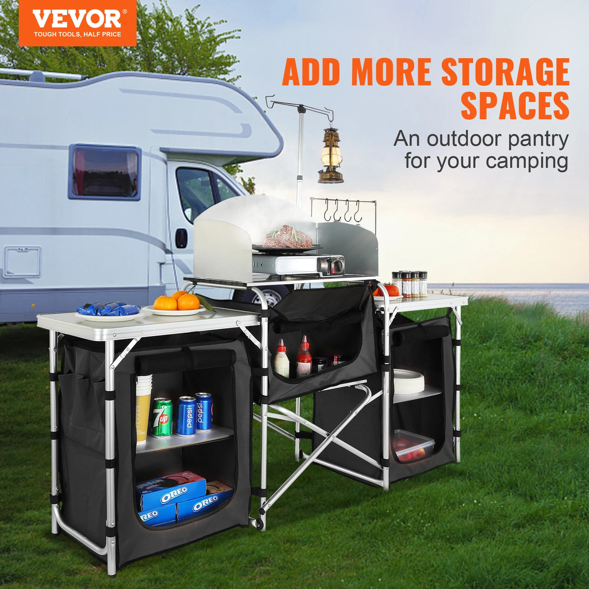 Folding Camping Kitchen Table with Windscreen & Storage Rack Folding Camp Kitchen Table Vue