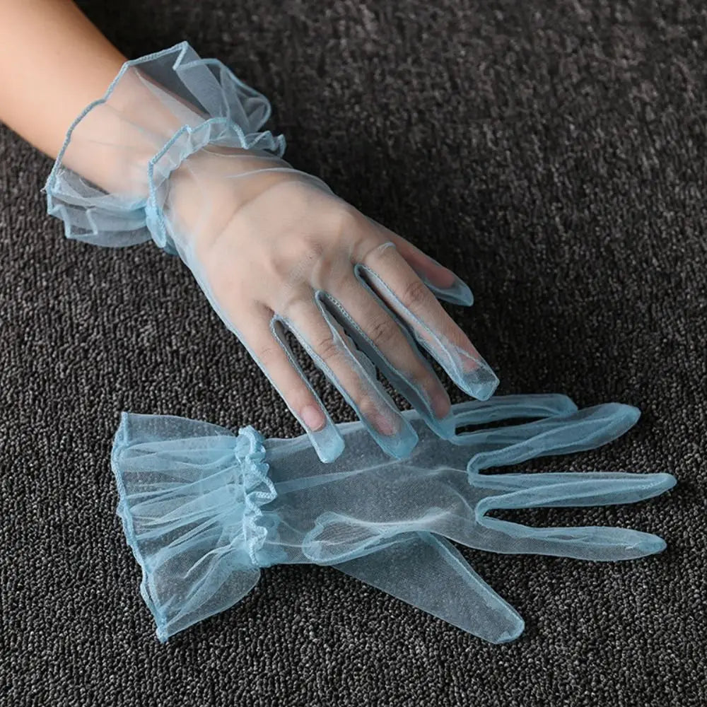 Elastic Transparent Women Tulle Gloves Ultra Thin Short Gauze Lace Vue Blue