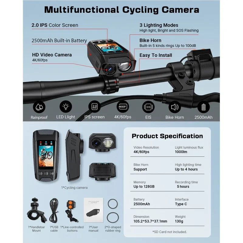 HD 4K 60fps Action Camera Bike Motorcycle Helmet Camera 1080P Outdoor Sport Cam 2inch Screen DV 20MP Bicycle Driver Recorder Vue
