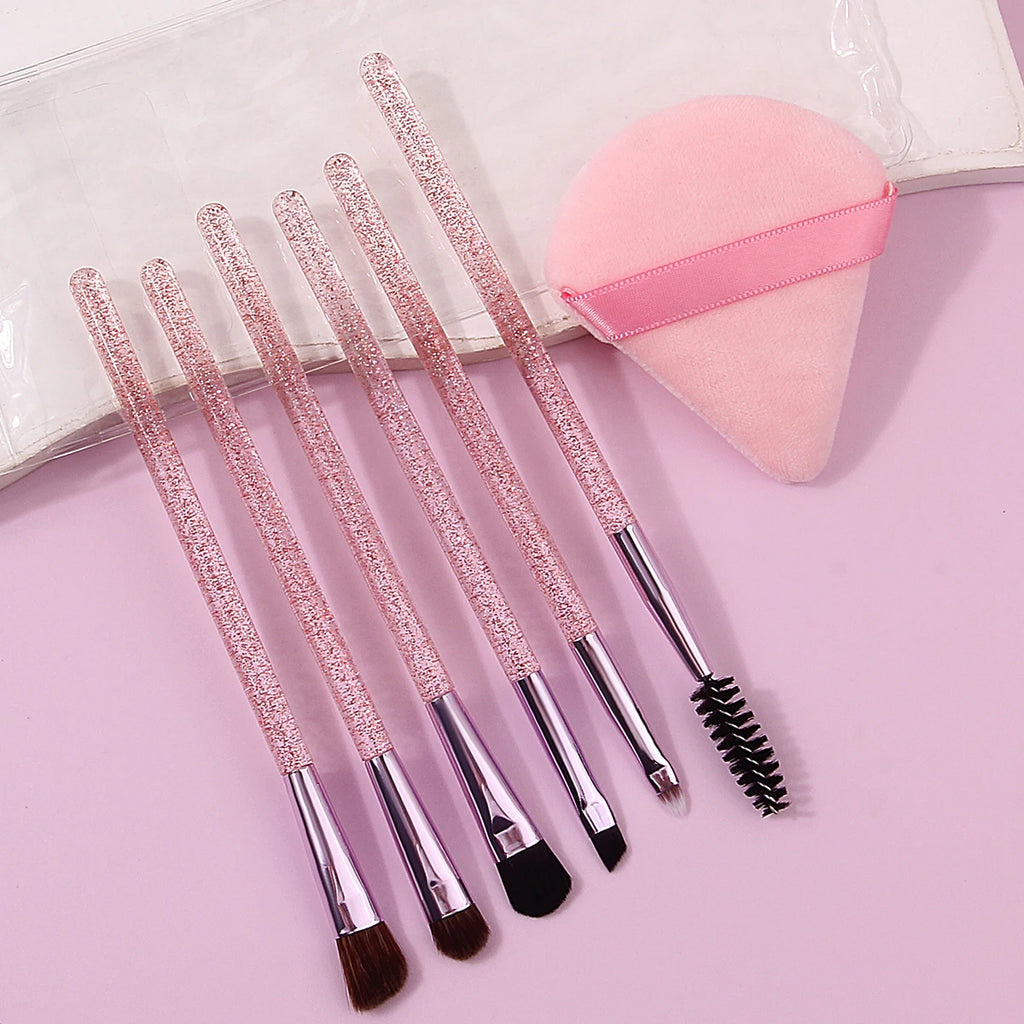 6pcs soft bristle multi-functional eye brush with glitter handle +1pcs triangular powder puff +1pcs portable pvx storage bag Vue