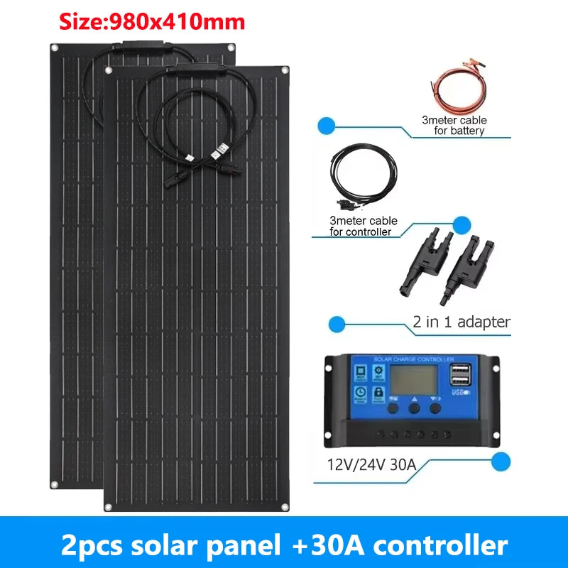 600W 300W Flexible Solar Panel Kit 18V Monocrystalline Solar Cell Outdoor Power Charger for Camping Yacht Motorhome RV Car Boat Vue 2pcs solar panel 30A