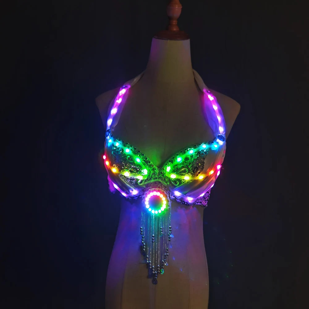 LED Lights Bling Mermaid Belly Dance Costume Set Women Belly Dance Bra Skirts Professional Outfit Vue LED Bra
