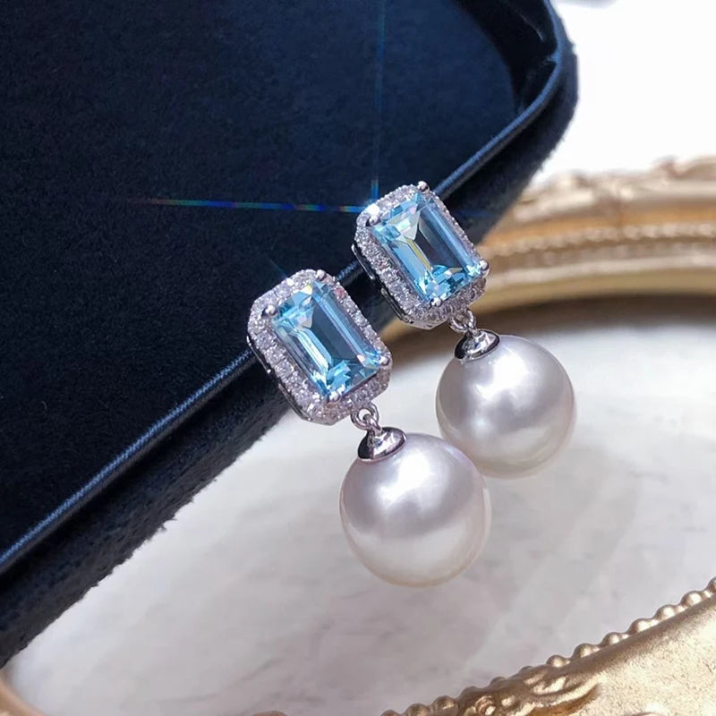 Huitan Sky Blue Cubic Zirconia Pearl Drop Earrings for Women Drop Earrings Vue E2622