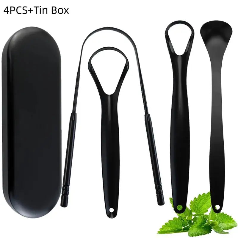 Premium 1pcs/4pcs Metal Tongue Scraper Cleaner For Adults & Kids Portable Stainless Steel Tongue Scrapers Brushes For Removing Vue Black