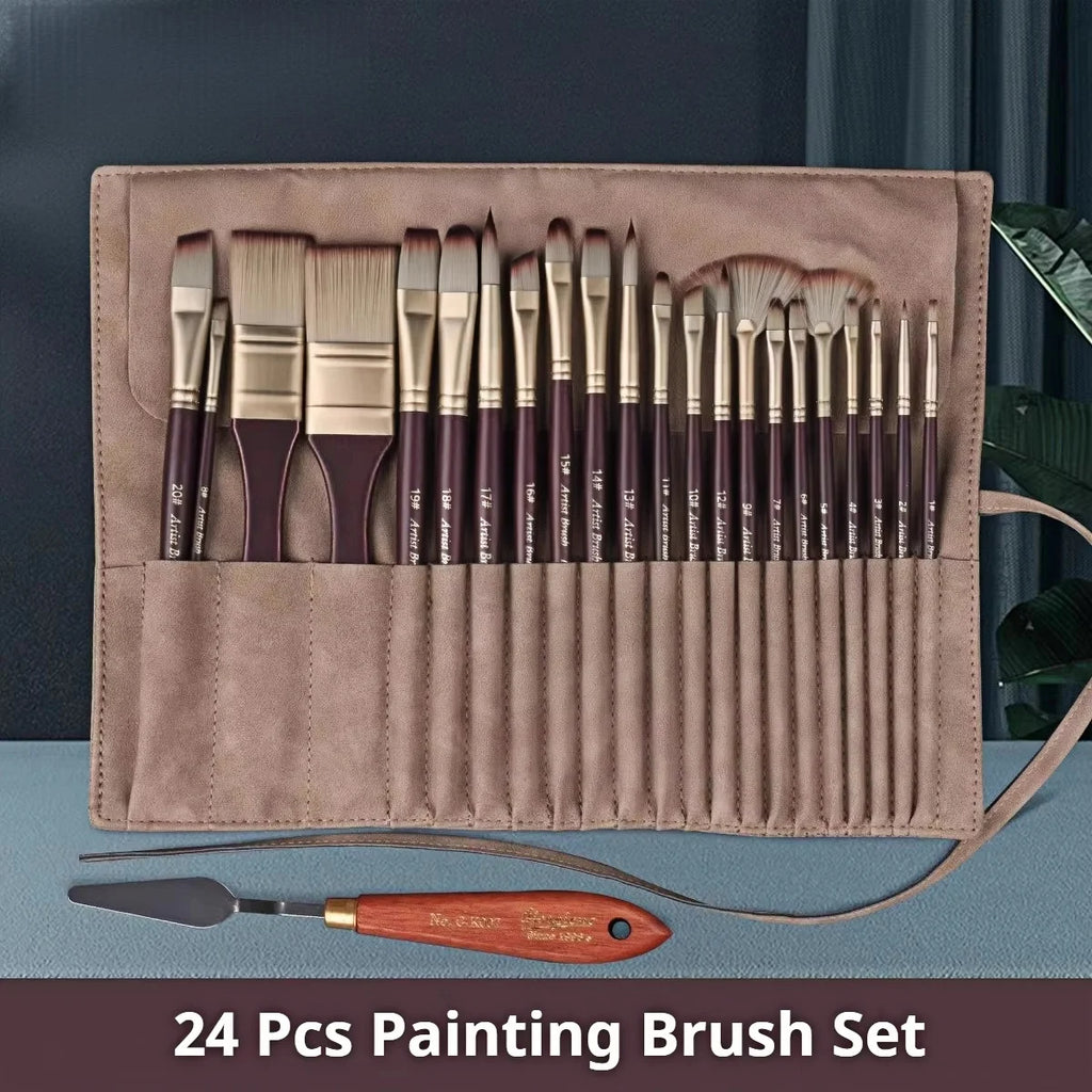 Acrylic Paint Brushes Oil Paint Brushes Artist Paint Brushes Set Bag Pack with Scraper 25 Pcs Gouache Wooden Handle Brushes Vue