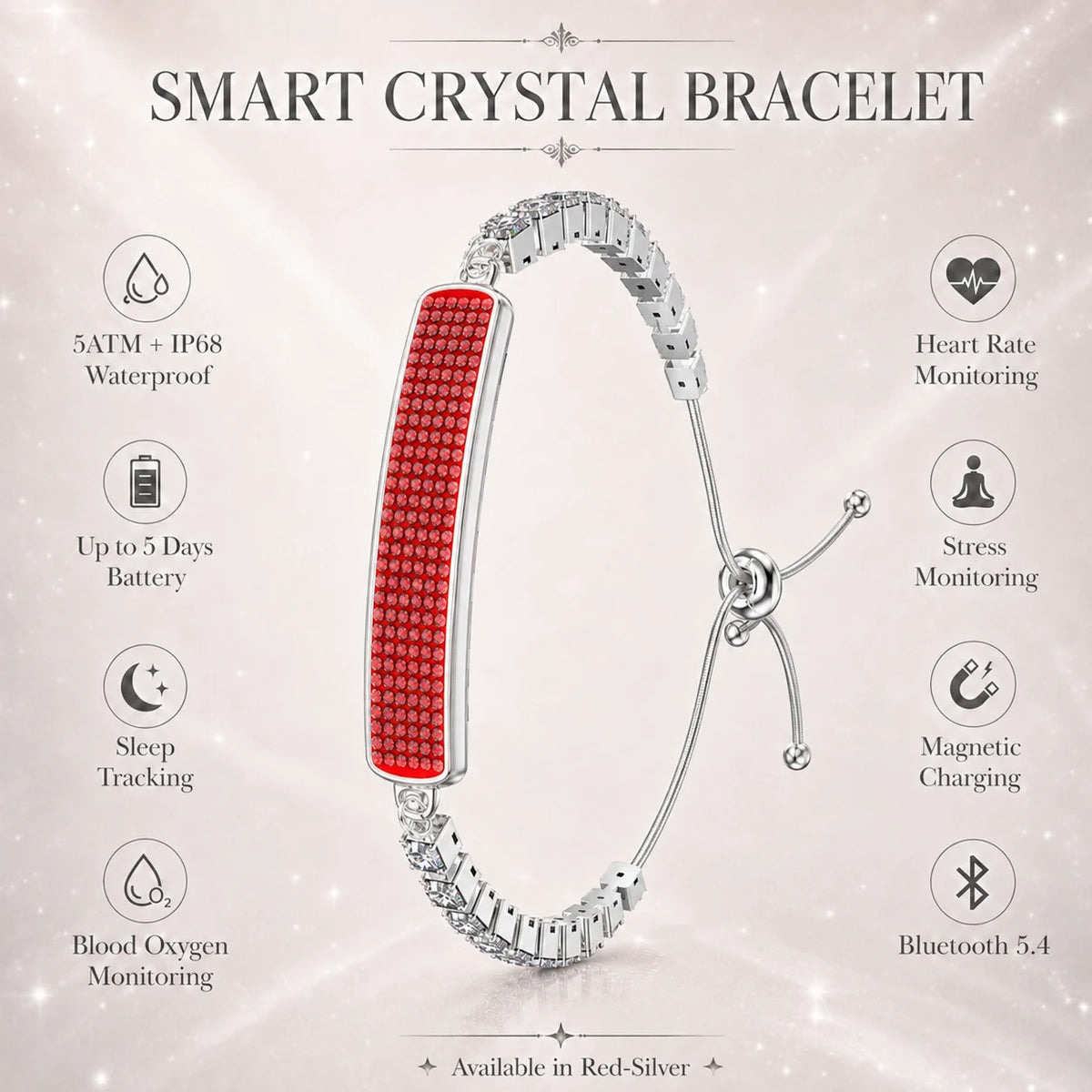 2026 Smart Bracelet Smartwatch Heart Rate SpO2 Sleep Monitor Pedometer IP68 Waterproof BT5 LongBattery Mag Charge AndroidiOS Vue RED SILVER