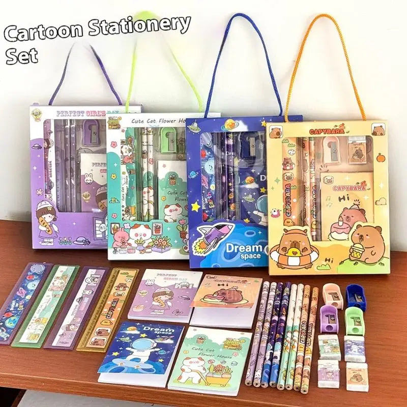 6Pcs/Set Cute Cartoon Capybara Pencil Stationery Set Kawaii Eraser Pencil Sharpener Children Student Stationery Supplies Vue