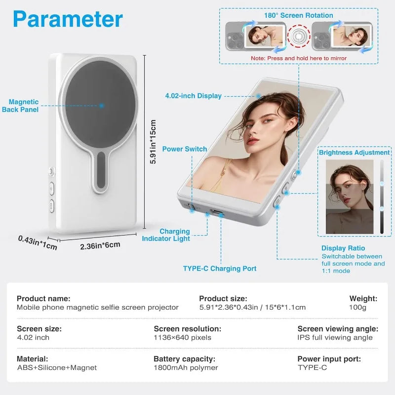 Vlog Selfie Monitor Screen Magnetic Phone Vlog Monitor Screen with Bluetooth Remote Back Camera Monitor for Live Stream Vlogging Vue