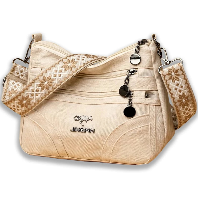 Women Vintage Grey Canvas Shoulder Bag Multi Pocket Crossbody