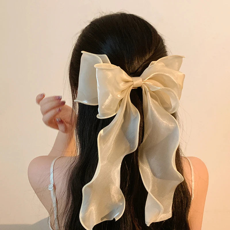 White Organza Bow Fluttering Ribbon Hair Clips Women French Fresh Premium Feeling Headdress Large Hair Cards Girl Hair Accessori Vue Champagne