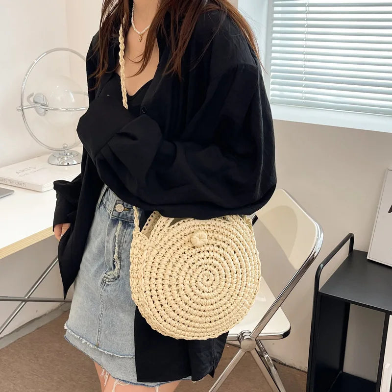 Round Straw Crossbody Bag Handmade Woven Shoulder Women Summer Beach