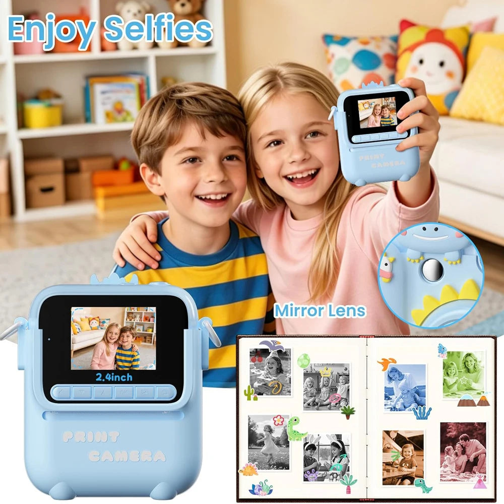 Instant Print Camera Kids 1080P Children Digital Camera Color Printing Selfie Camera with Silicone Cover Christmas Birthday Gift Vue