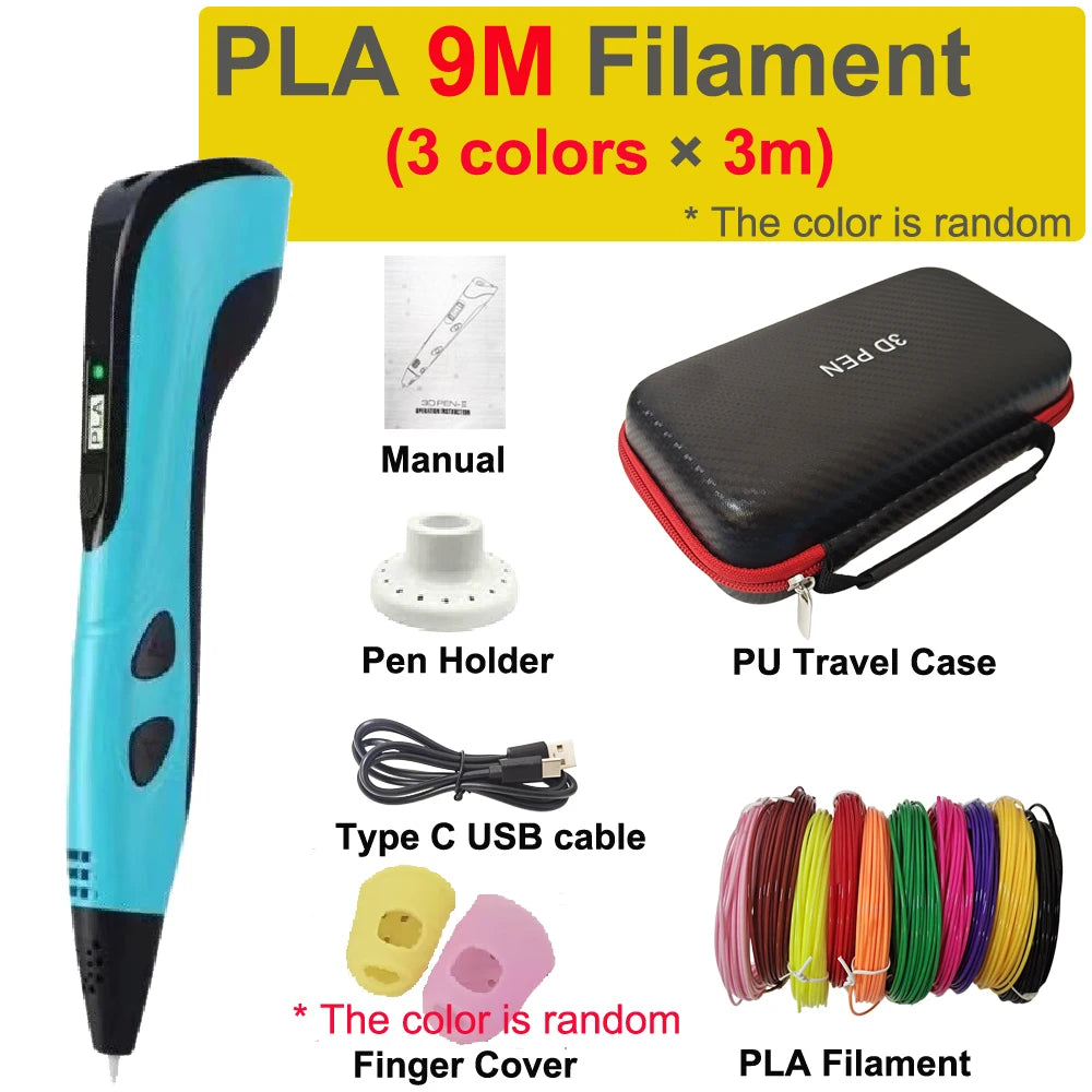 3D Pen 3D Printing Pen for Children 40 Colors 1.75mm PLA Filament DIY Drawing Birthday Christmas Gifts for Kids with Travel Case Vue Blue-9mPLA add EU adaper