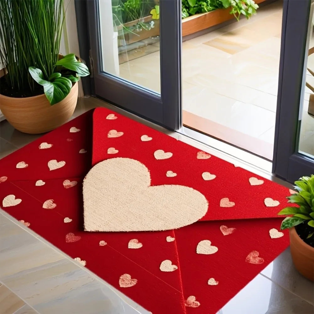 Weaving Texture Valentine Day Floor Mat Soft Beautiful Romantic Heart Anti Slip Mat Red Quick Dry Rose Door Mat Bedroom Vue